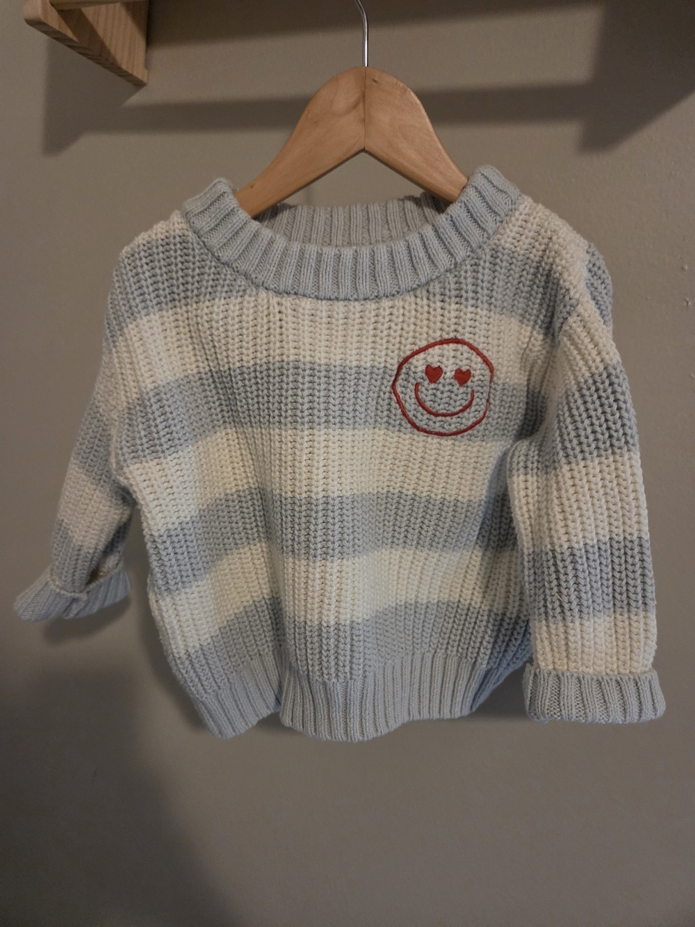 Baby 9M Striped Light Blue & Cream Knit Sweater with Red Smiley Patch